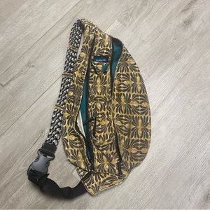 KAVU Rope Bag Cotton Canvas Sling Backpack Yellow Brown Floral Limited Edition